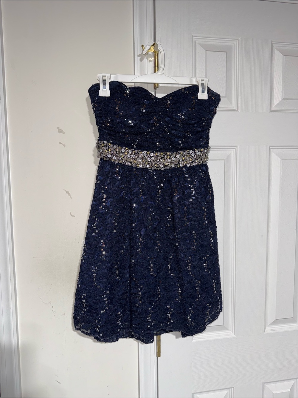 My Michelle Navy Strapless Sequin Dress with Jeweled Waistband